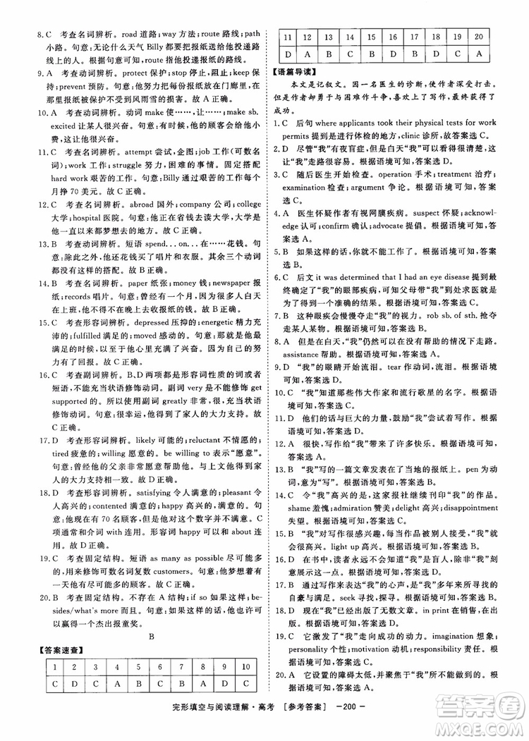 唐人英語2019頂尖訓(xùn)練高考完形填空與閱讀理解160篇參考答案