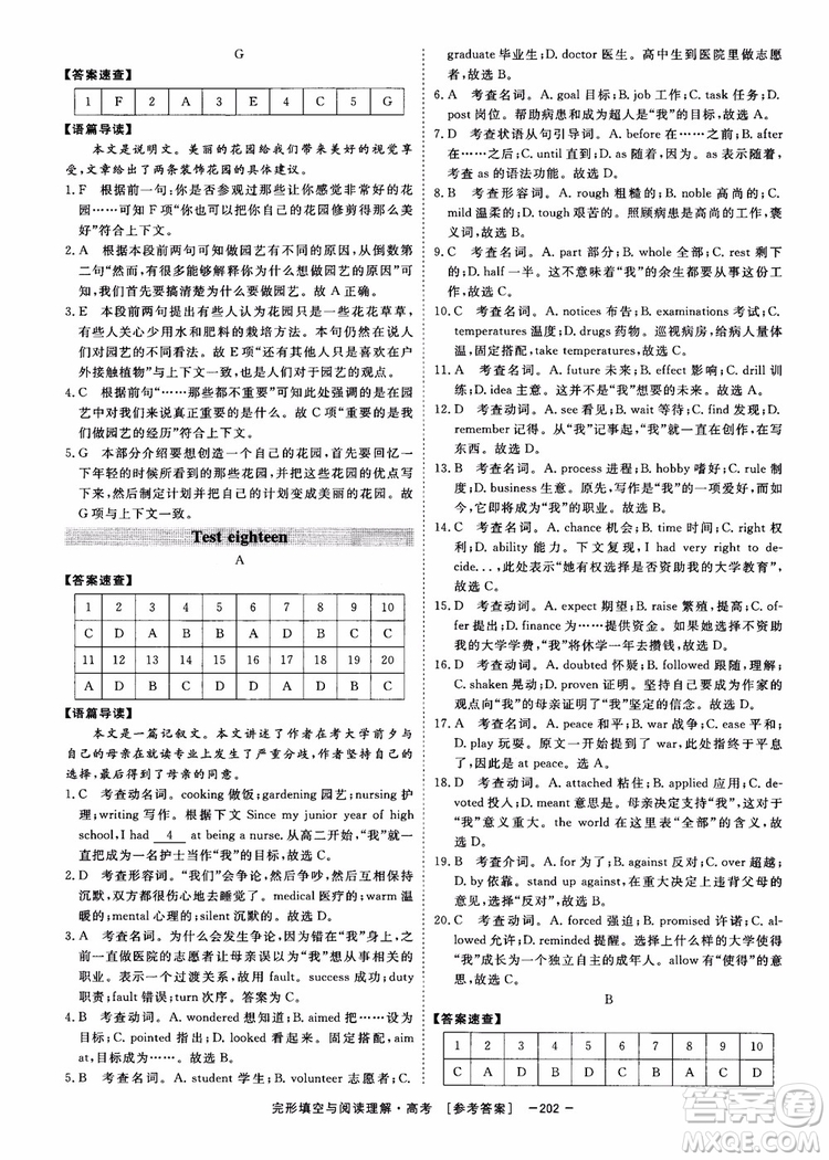 唐人英語2019頂尖訓(xùn)練高考完形填空與閱讀理解160篇參考答案