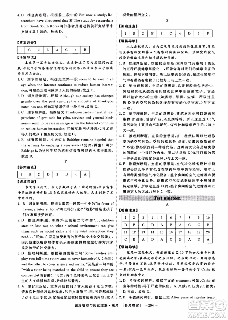 唐人英語2019頂尖訓(xùn)練高考完形填空與閱讀理解160篇參考答案