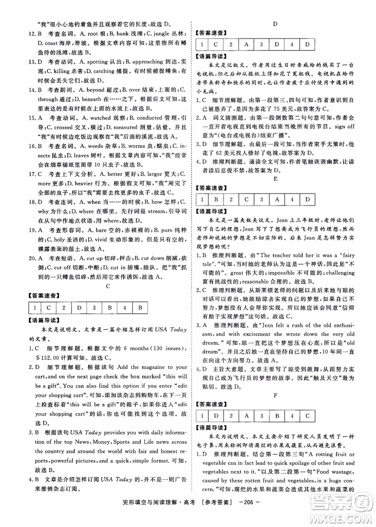 唐人英語2019頂尖訓(xùn)練高考完形填空與閱讀理解160篇參考答案