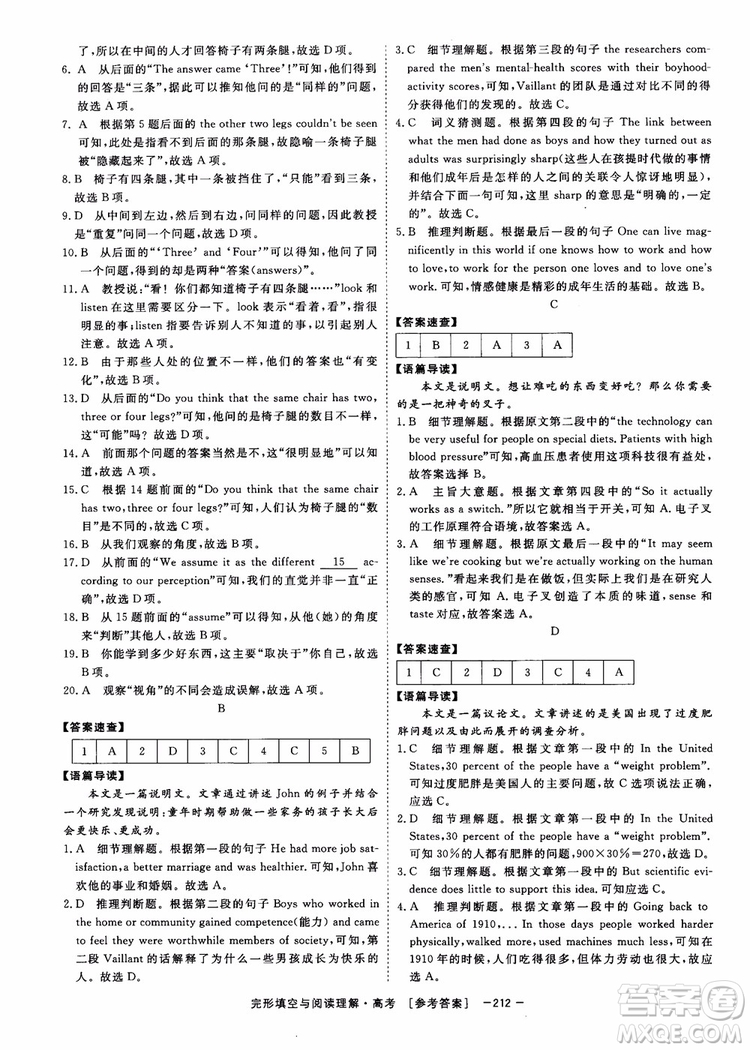 唐人英語2019頂尖訓(xùn)練高考完形填空與閱讀理解160篇參考答案