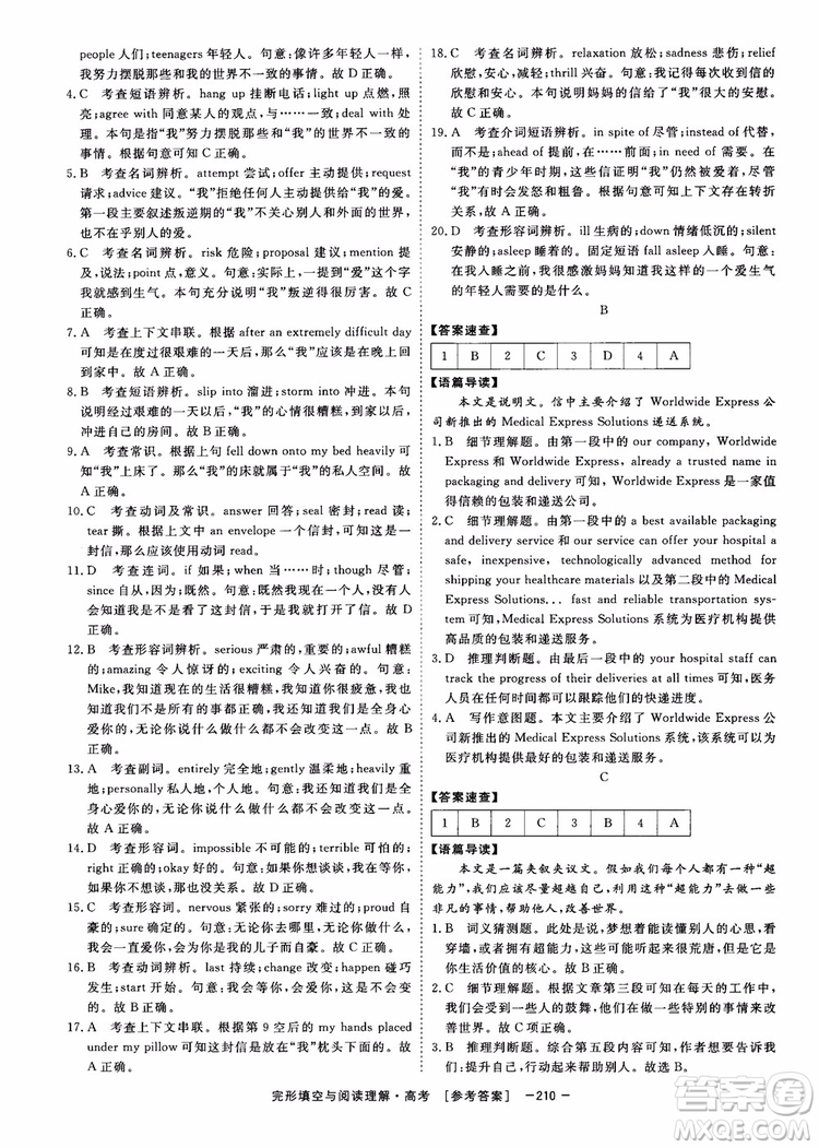 唐人英語2019頂尖訓(xùn)練高考完形填空與閱讀理解160篇參考答案