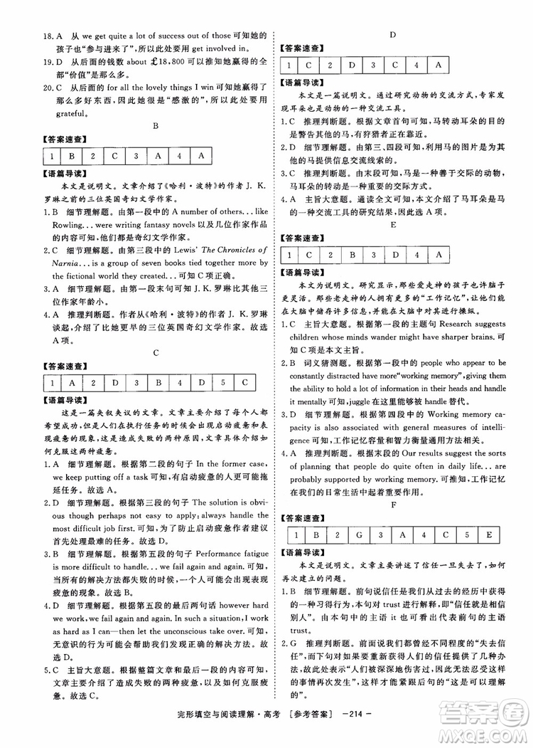 唐人英語2019頂尖訓(xùn)練高考完形填空與閱讀理解160篇參考答案