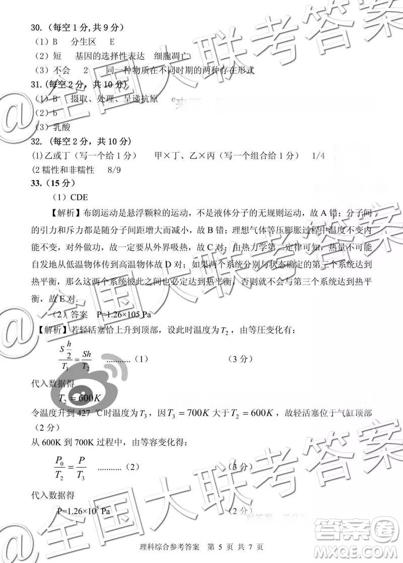 畢節(jié)市2019屆高三適應(yīng)性監(jiān)測(cè)考試一理科綜合參考答案