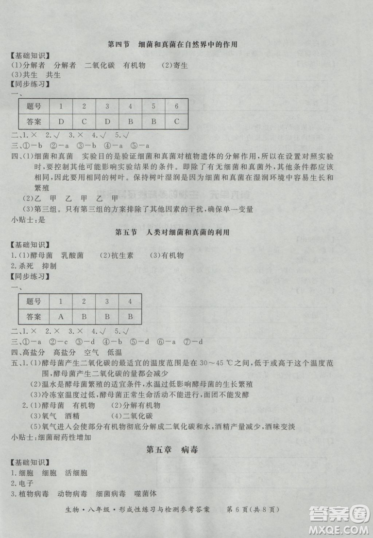 東方出版社形成性練習(xí)與檢測2018生物八年級上冊答案