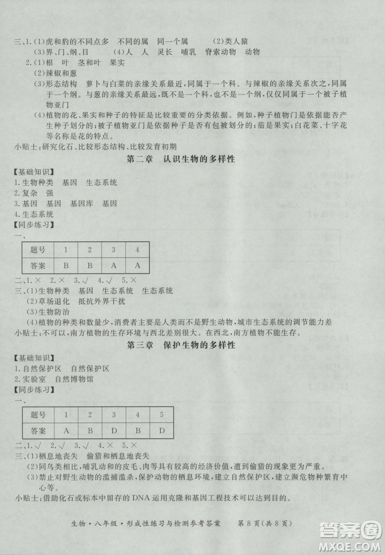 東方出版社形成性練習(xí)與檢測2018生物八年級上冊答案