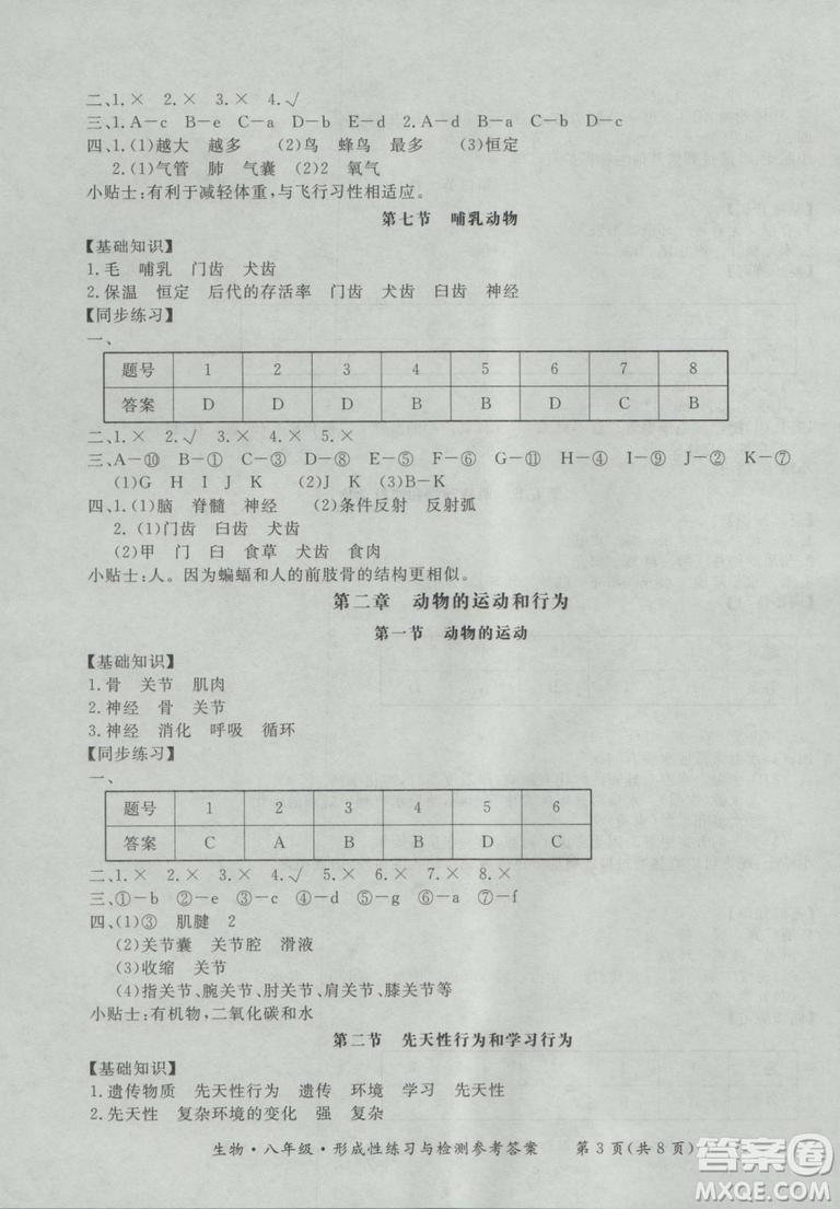 東方出版社形成性練習(xí)與檢測2018生物八年級上冊答案