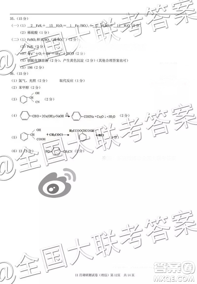 2019年普通高等學校招生全國統(tǒng)一考試11月調(diào)研測試理科綜合參考答案