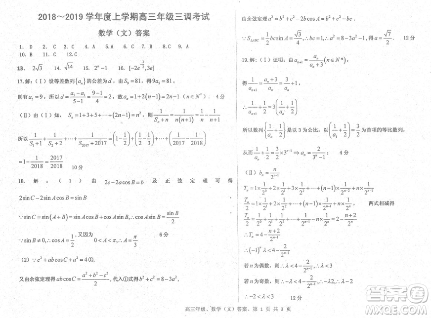 2019屆河北省衡水中學高三上學期三調考試文科數(shù)學試題及答案