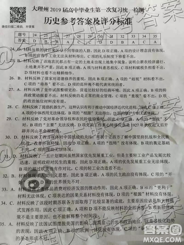 大理州2019屆高中畢業(yè)生第一次復習統(tǒng)一檢測歷史參考答案