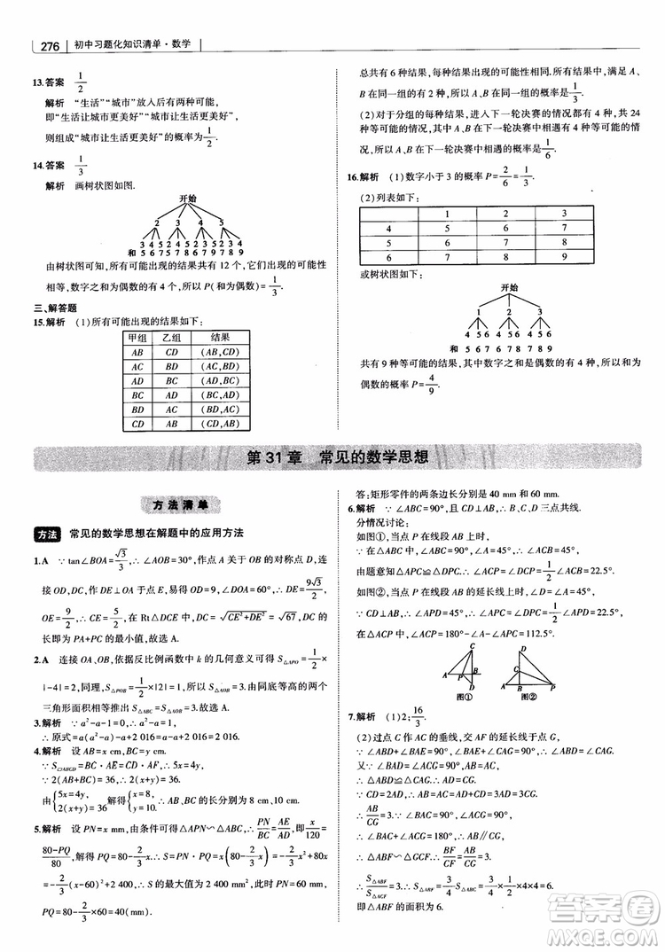 2019版初中習(xí)題化知識清單數(shù)學(xué)曲一線教輔參考答案