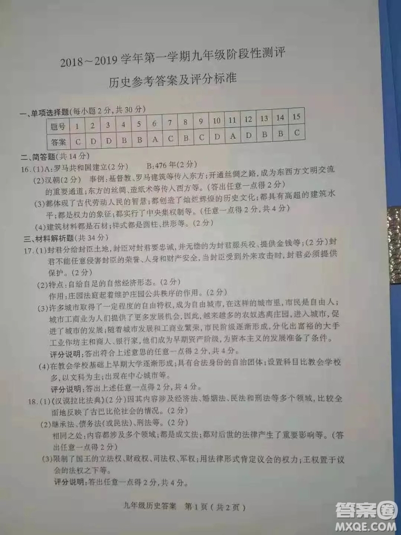 太原市2018-2019學年初三第一學期期中考歷史試題答案