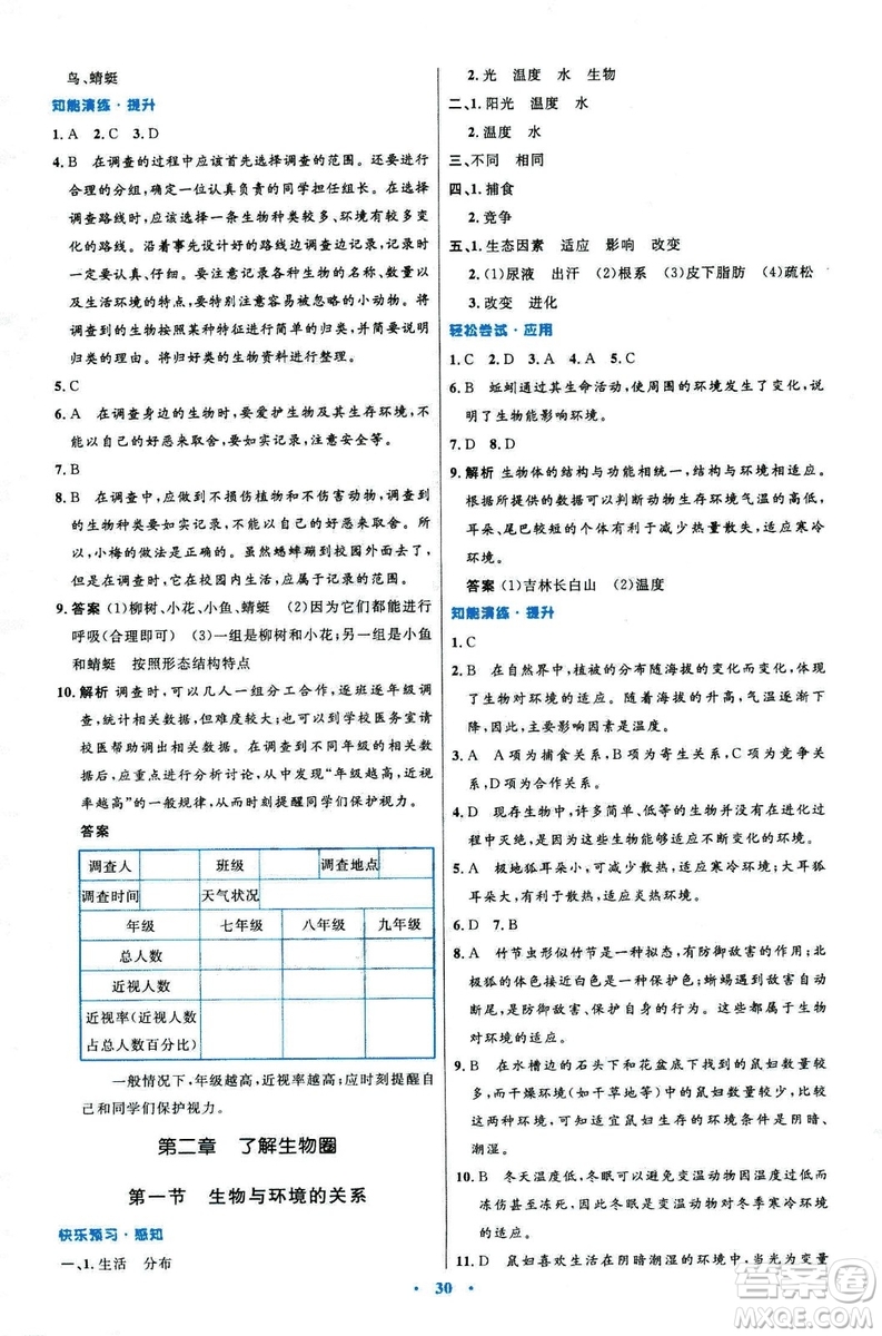 2018新版七年級(jí)生物學(xué)初中同步測(cè)控優(yōu)化設(shè)計(jì)上冊(cè)人教版參考答案