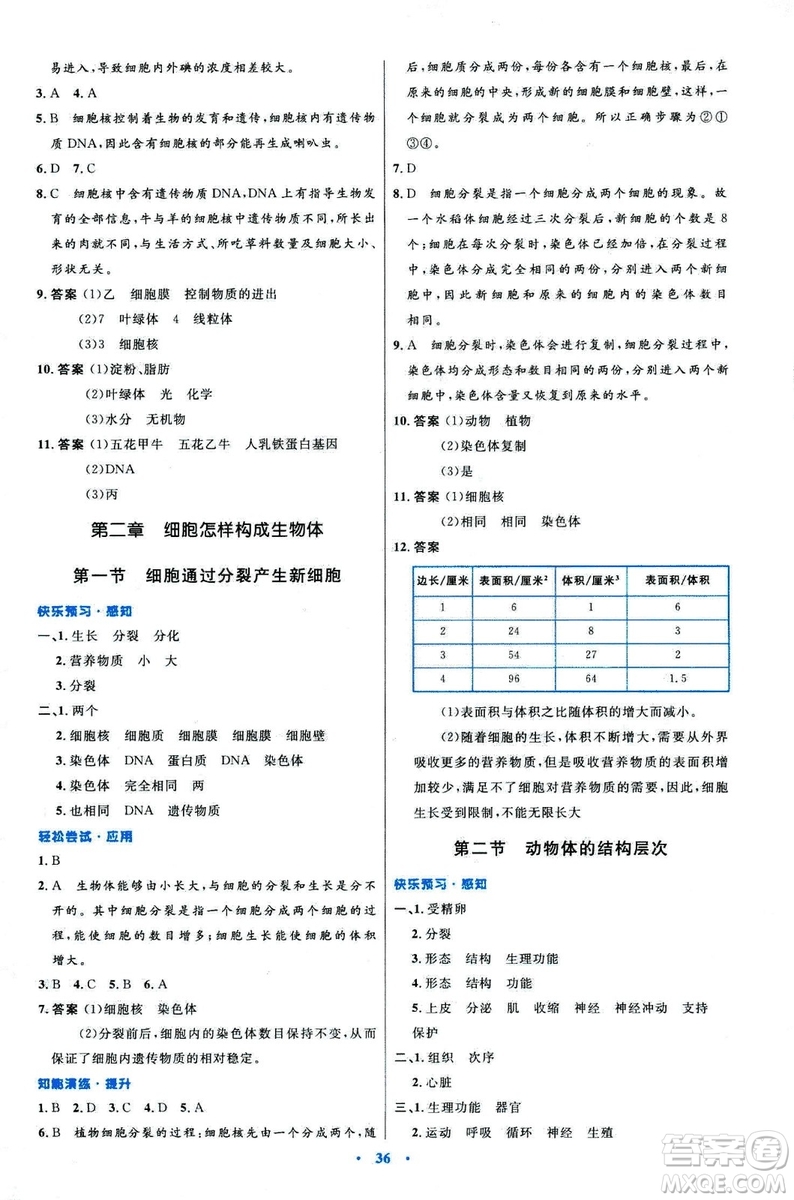 2018新版七年級(jí)生物學(xué)初中同步測(cè)控優(yōu)化設(shè)計(jì)上冊(cè)人教版參考答案