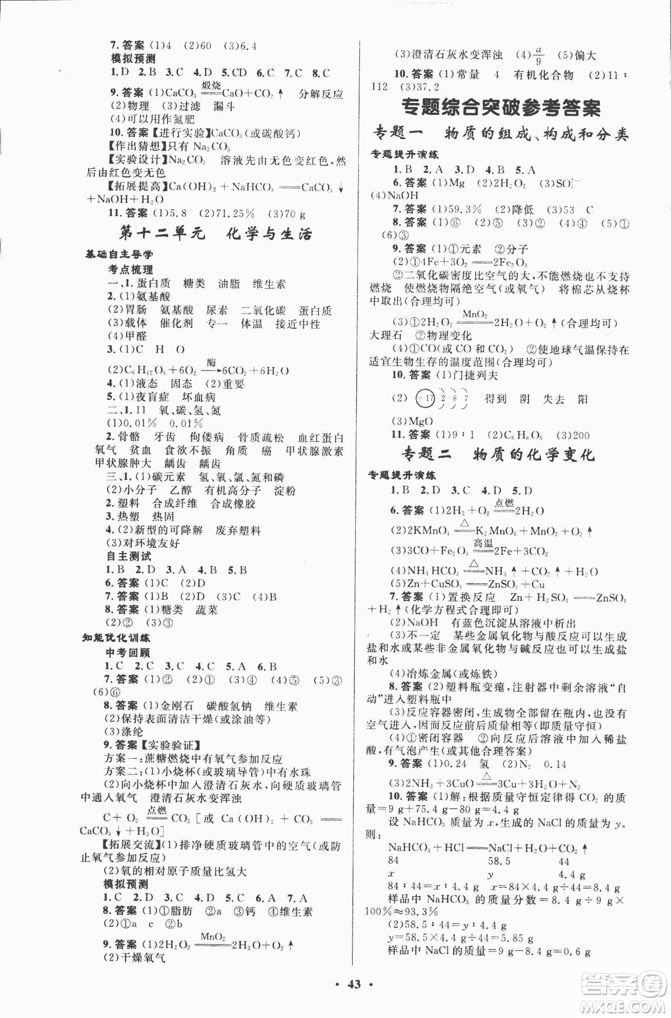 初中總復(fù)習(xí)優(yōu)化設(shè)計2018人教版化學(xué)參考答案