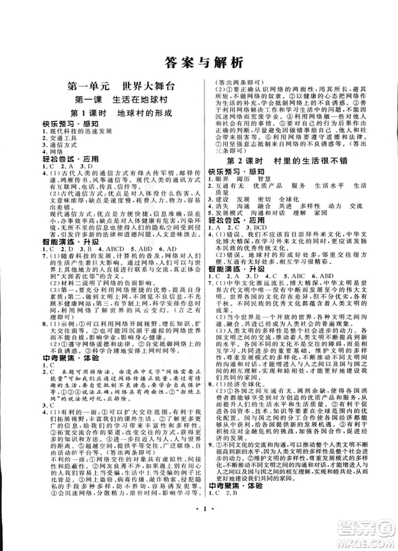 2018新版初中同步測(cè)控優(yōu)化設(shè)計(jì)九年級(jí)全一冊(cè)思想品德人民版答案