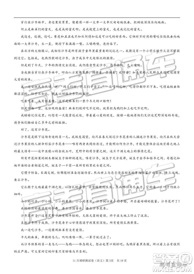 2019重慶市普通高等學(xué)校招生全國(guó)統(tǒng)一考試11月調(diào)研測(cè)試語(yǔ)文試題及參考答案