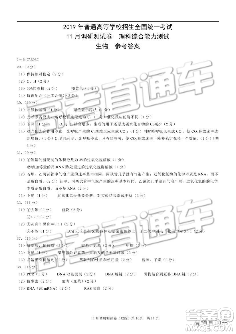 2019重慶市普通高等學(xué)校招生全國統(tǒng)一考試11月調(diào)研測試?yán)砭C試題及參考答案