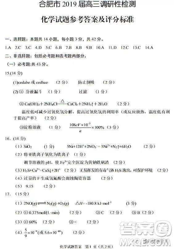 合肥市2019屆高三調研性檢測化學試題及答案