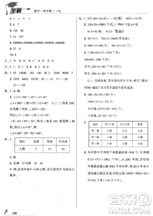 2018新版經綸學典小學學霸四年級上冊數(shù)學參考答案