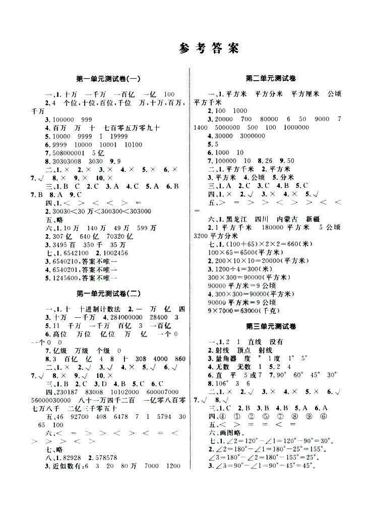 2018版優(yōu)化設(shè)計(jì)單元測(cè)試卷四年級(jí)數(shù)學(xué)上冊(cè)參考答案