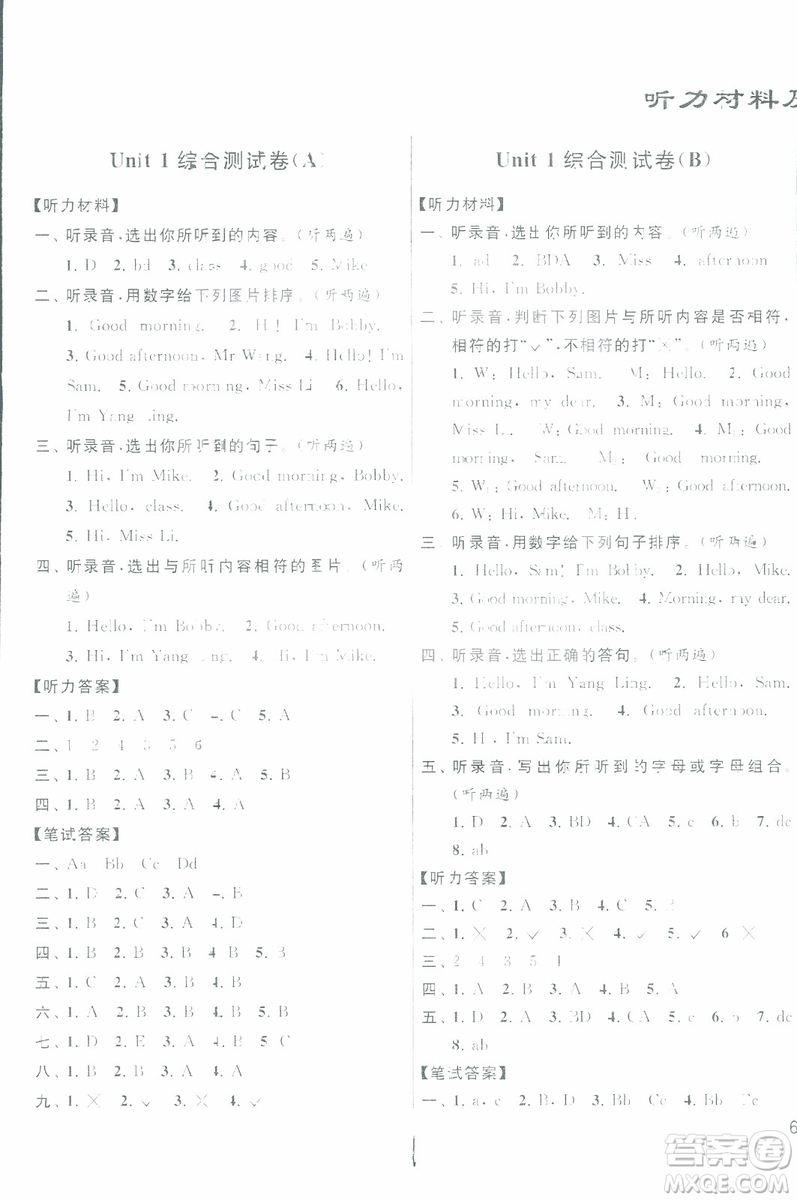 2018秋亮點給力大試卷英語三年級上冊新課標(biāo)江蘇版參考答案