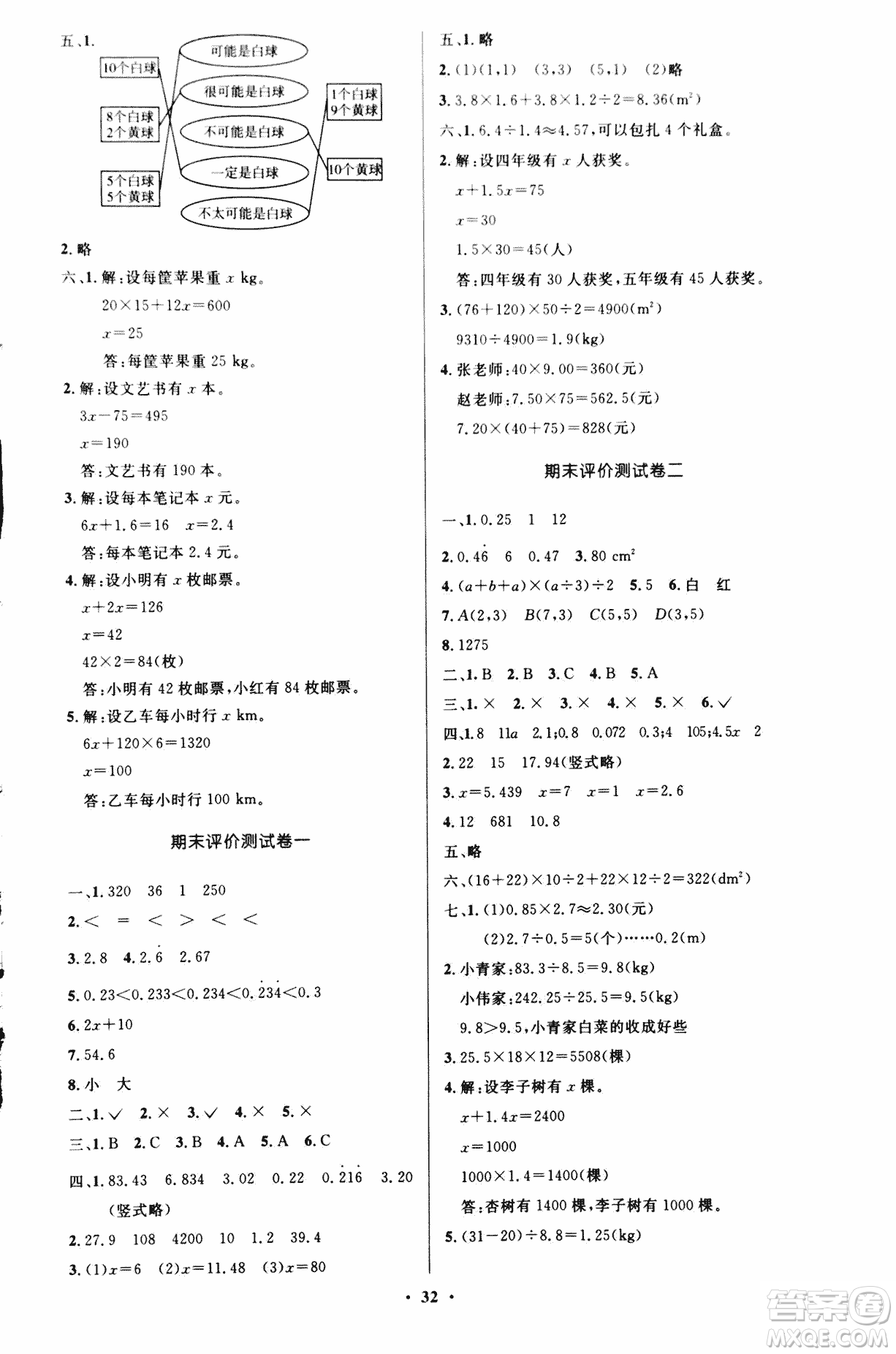 2018年小學(xué)同步測控優(yōu)化設(shè)計五年級數(shù)學(xué)上冊人教版參考答案