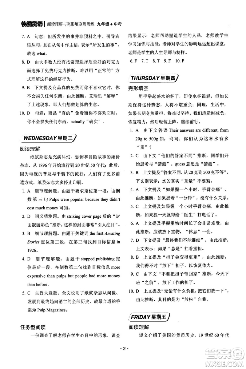 快捷英語周周練2018年閱讀理解與完形填空九年級中考基礎版參考答案