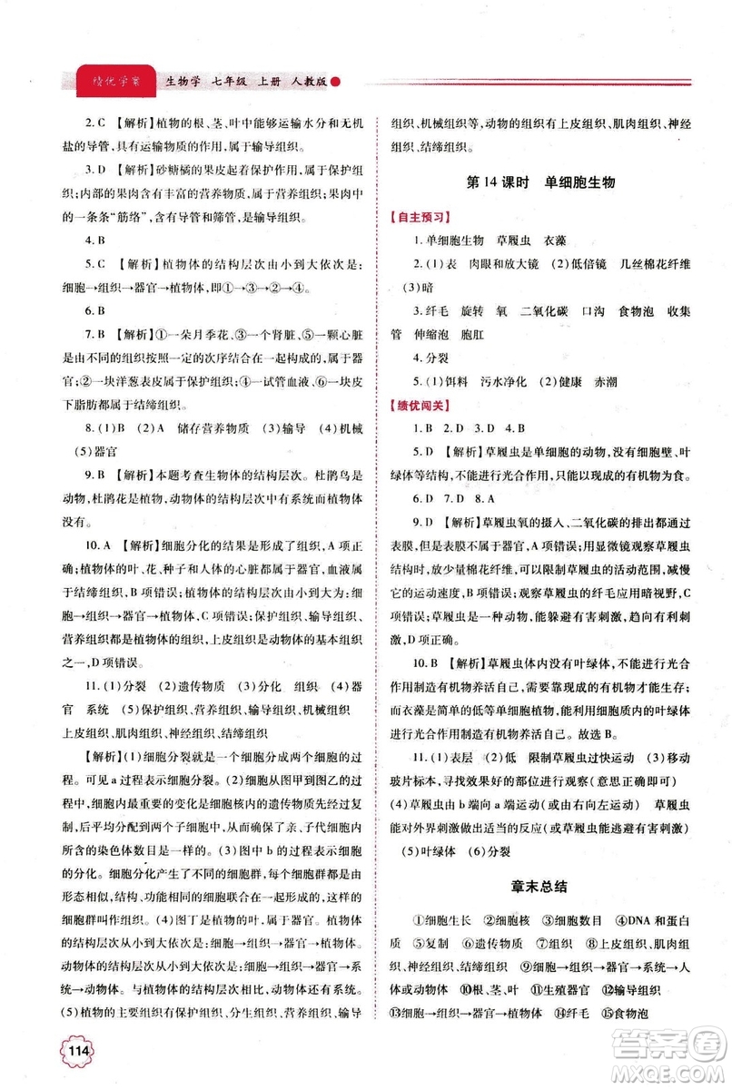2018年績(jī)優(yōu)學(xué)案七年級(jí)上冊(cè)生物人教版參考答案