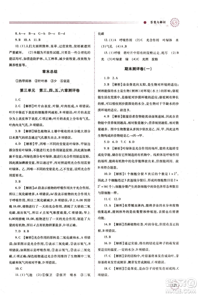 2018年績(jī)優(yōu)學(xué)案七年級(jí)上冊(cè)生物人教版參考答案
