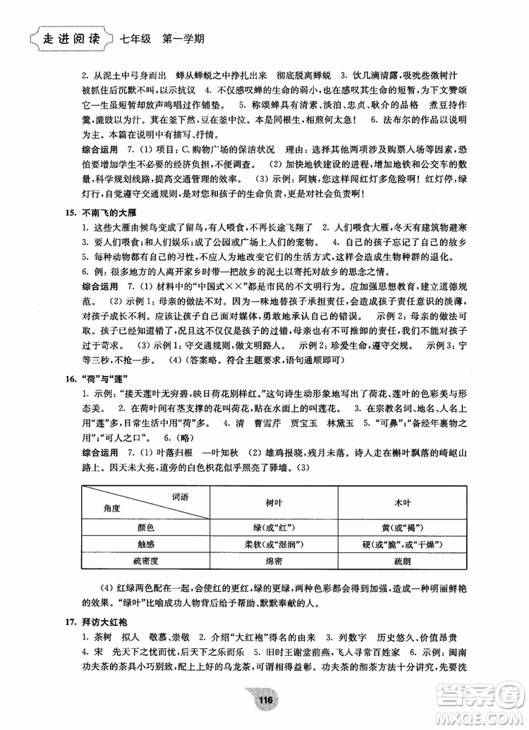 2018走進(jìn)閱讀七年級(jí)第一學(xué)期初中語文閱讀訓(xùn)練精選參考答案