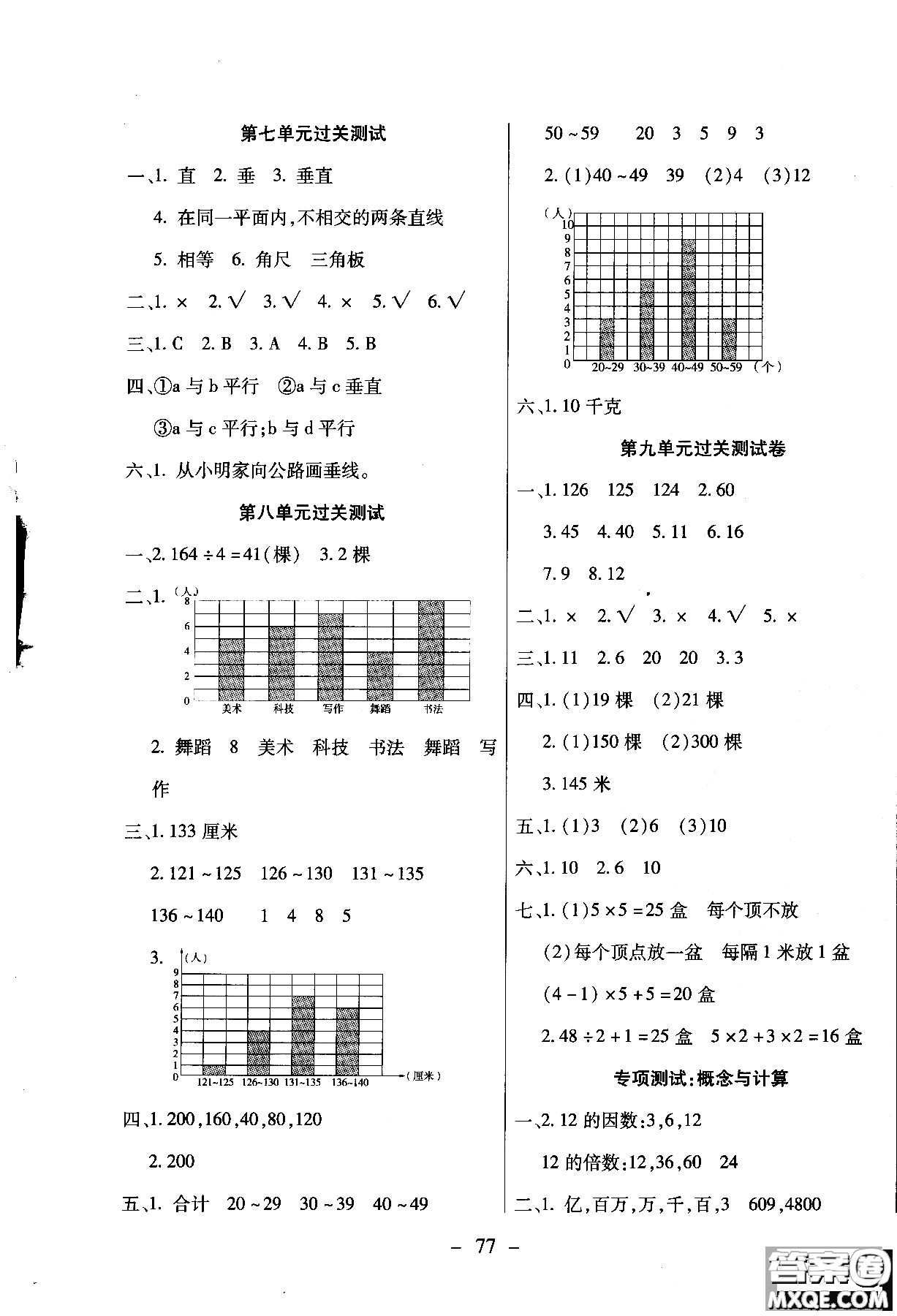 2018期末沖刺100分全程密卷四年級上冊數(shù)學冀教版參考答案