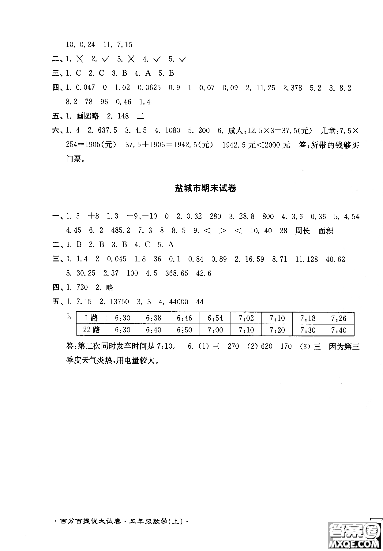 靈星教育2018年百分百提優(yōu)大試卷數(shù)學(xué)五年級(jí)上冊(cè)參考答案