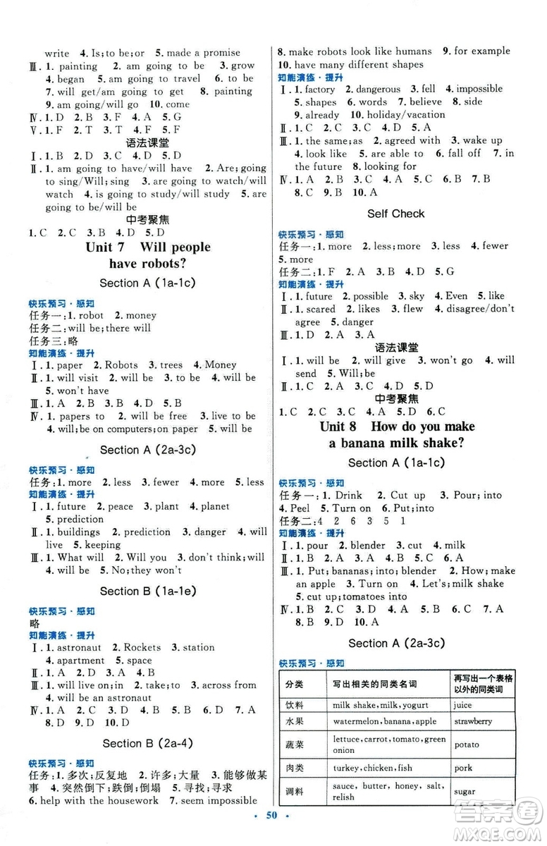 2018新版初中同步測(cè)控優(yōu)化設(shè)計(jì)八年級(jí)英語(yǔ)上冊(cè)人教版參考答案