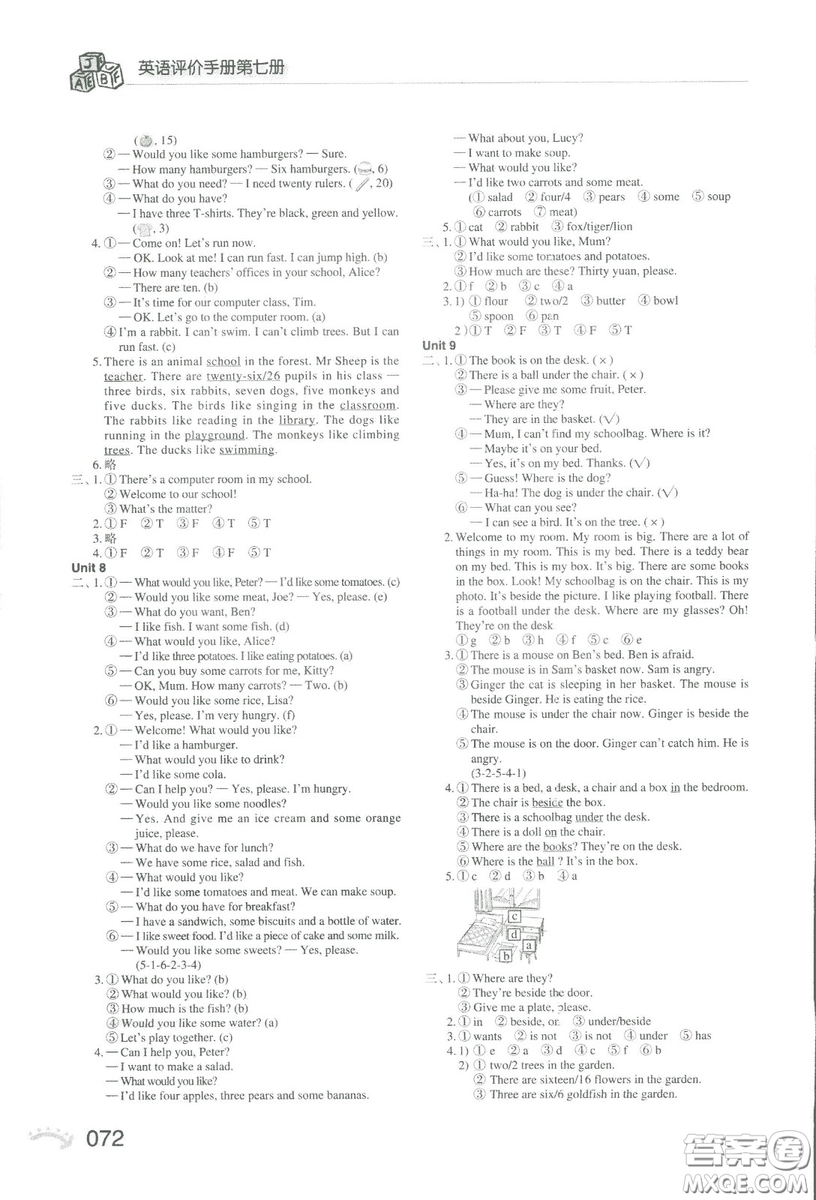 2018秋知識(shí)與能力訓(xùn)練英語評(píng)價(jià)手冊(cè)第七冊(cè)上教版四年級(jí)上冊(cè)參考答案