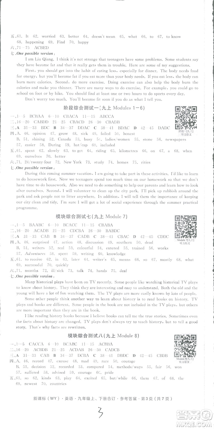 2018全品小復(fù)習(xí)九年級英語上下合訂外研版WY答案