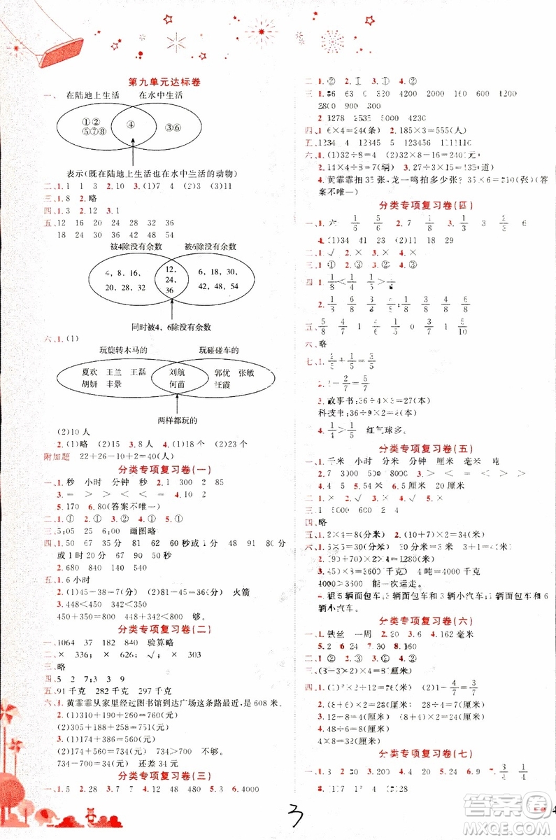 2018年黃岡小狀元達(dá)標(biāo)卷三年級上冊數(shù)學(xué)人教版參考答案