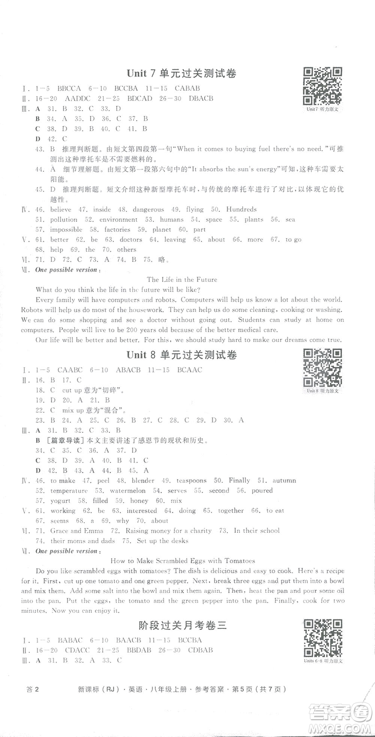 2018全品小復(fù)習(xí)八年級(jí)英語(yǔ)人教版上冊(cè)參考答案