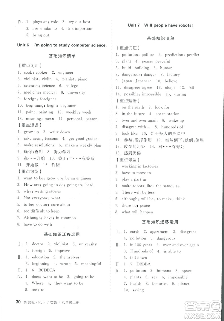2018全品小復(fù)習(xí)八年級(jí)英語(yǔ)人教版上冊(cè)參考答案