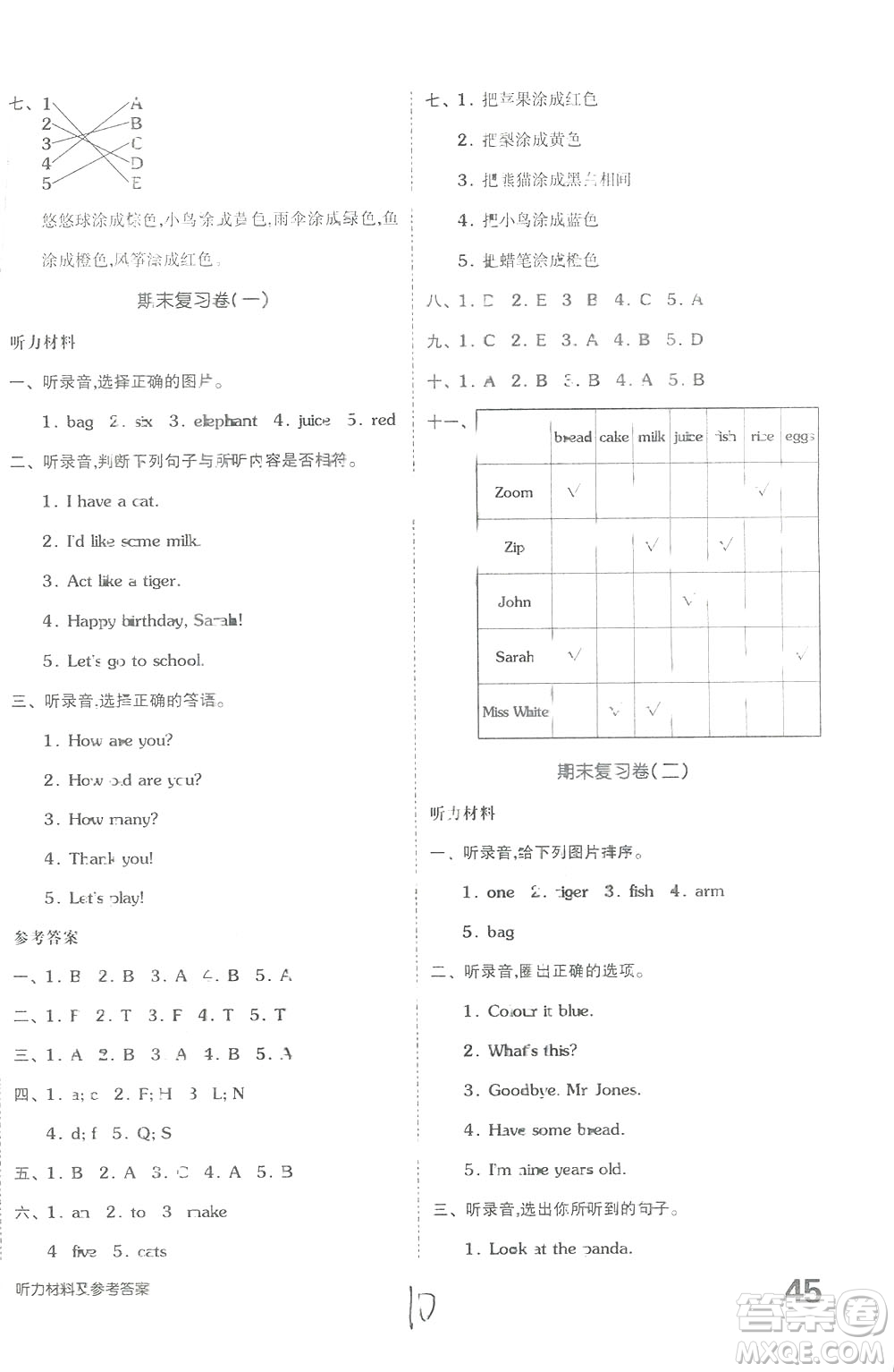2018秋全品小復(fù)習(xí)三年級英語上冊人教版RJPEP答案