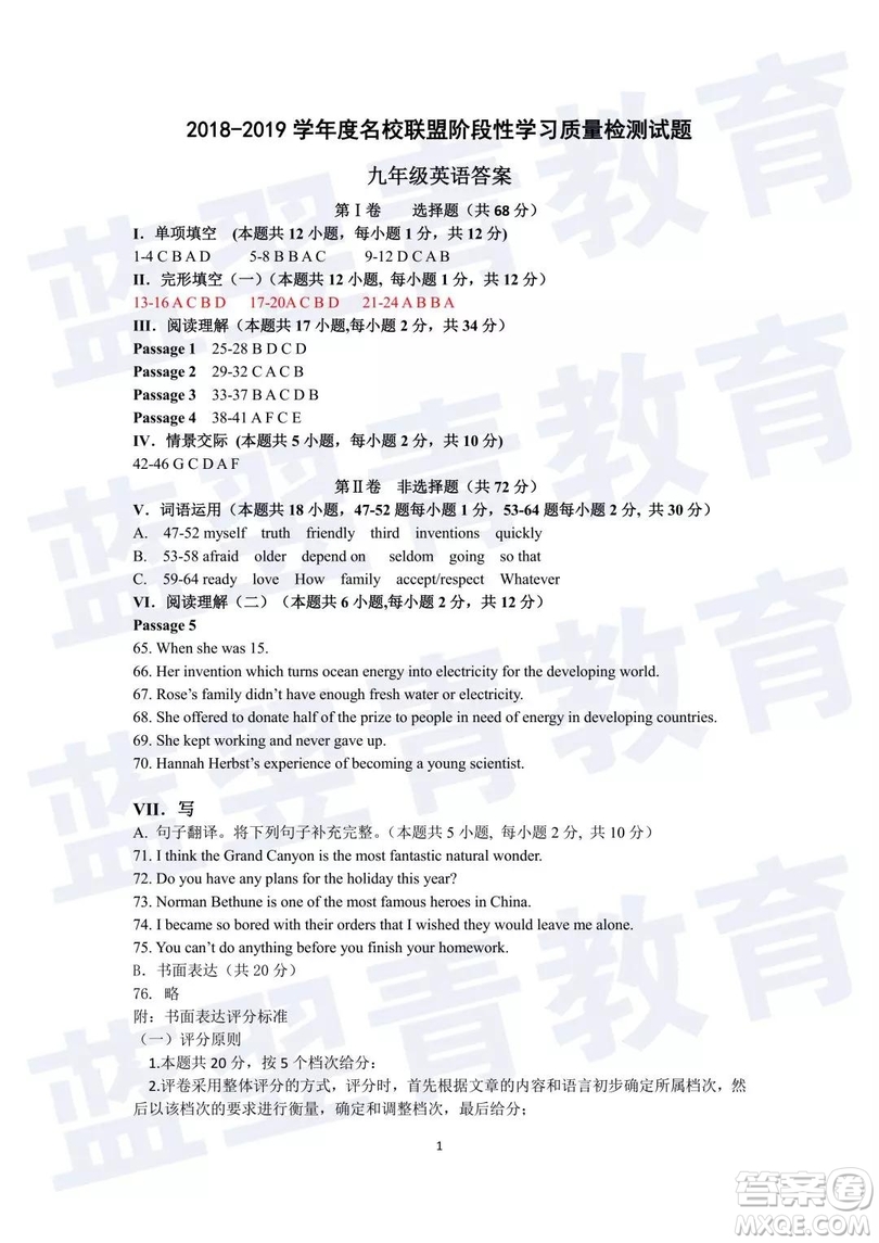 2018—2019學(xué)年度名校聯(lián)盟階段性學(xué)習(xí)質(zhì)量測試題九年級英語試卷及參考答案