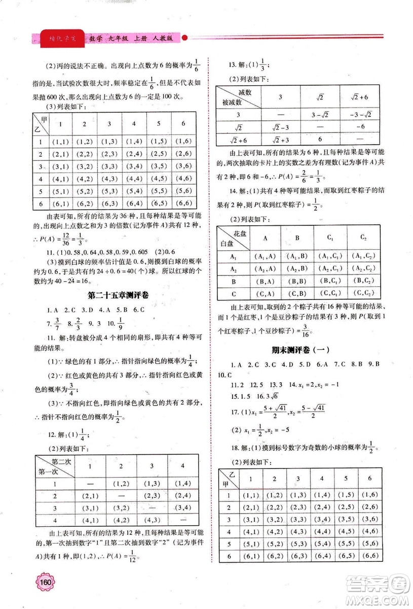 2018年績優(yōu)學案數(shù)學九年級上冊人教版參考答案