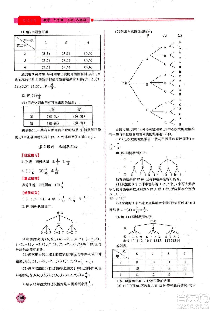 2018年績優(yōu)學案數(shù)學九年級上冊人教版參考答案