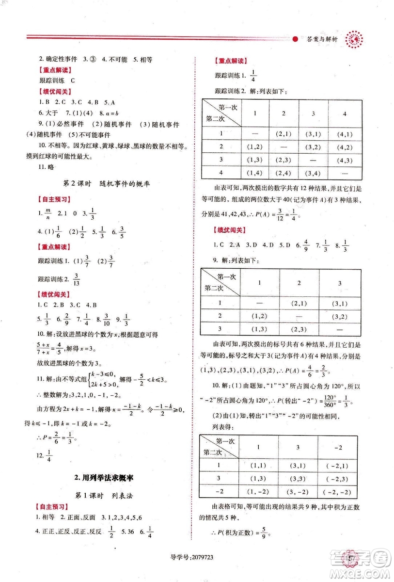 2018年績優(yōu)學案數(shù)學九年級上冊人教版參考答案