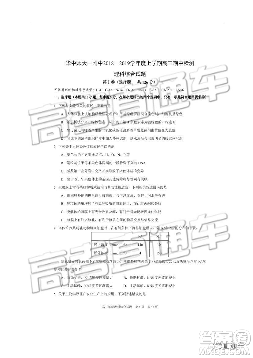 華中師大一附中2018—2019學(xué)年度上學(xué)期高三期中檢測(cè)理綜試題及參考答案