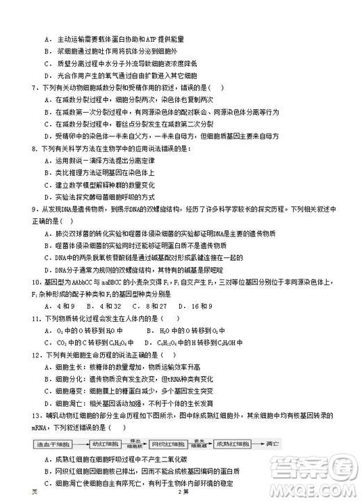 2019屆福建省泉州市泉港一中南安市國光中學高三上學期期中聯(lián)考試題生物答案