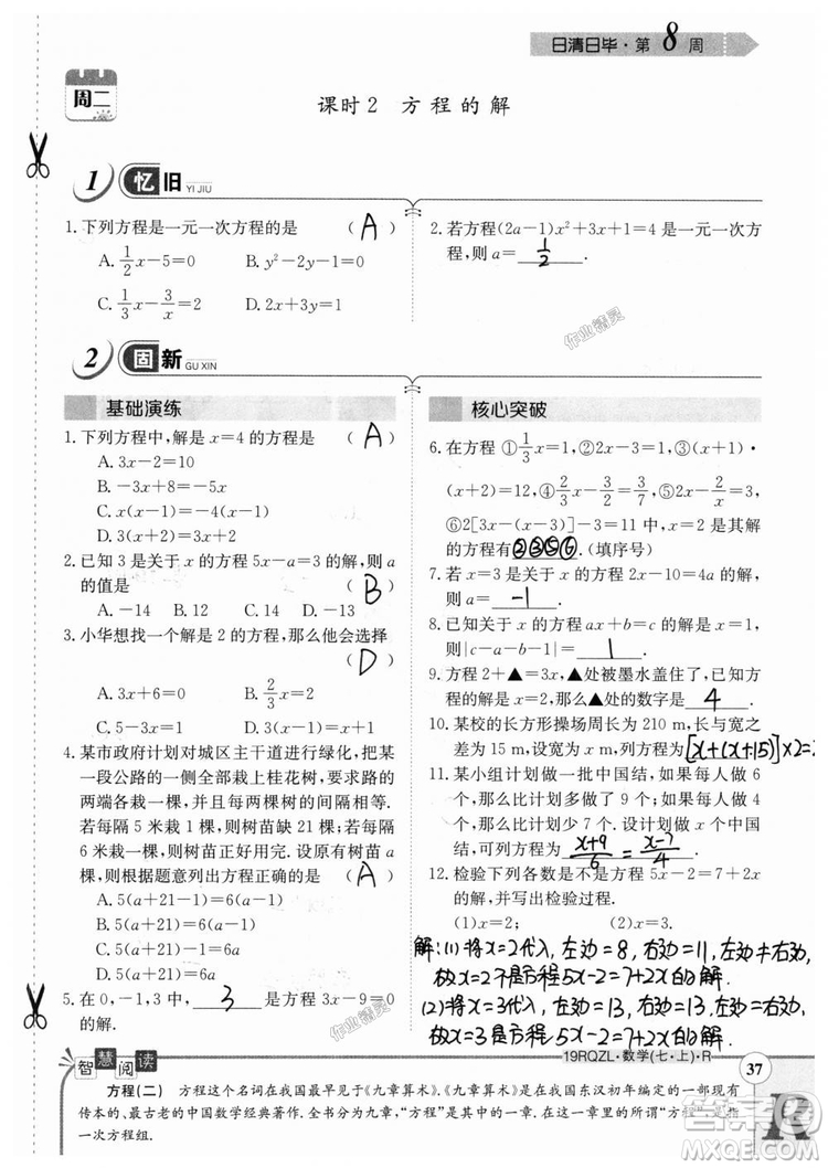 2019新版日清周練七年級數(shù)學上冊人教版參考答案