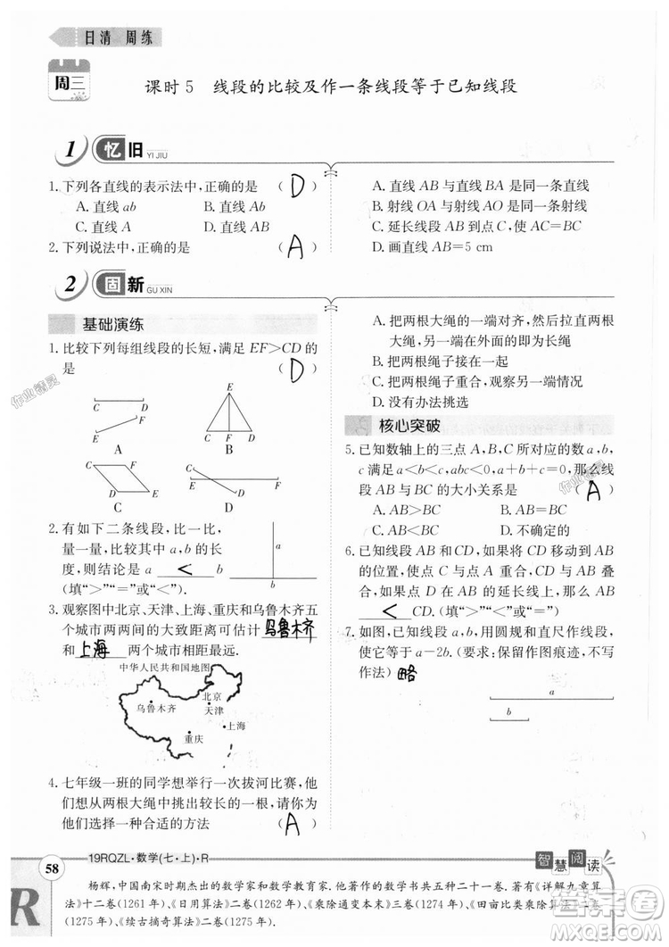 2019新版日清周練七年級數(shù)學上冊人教版參考答案