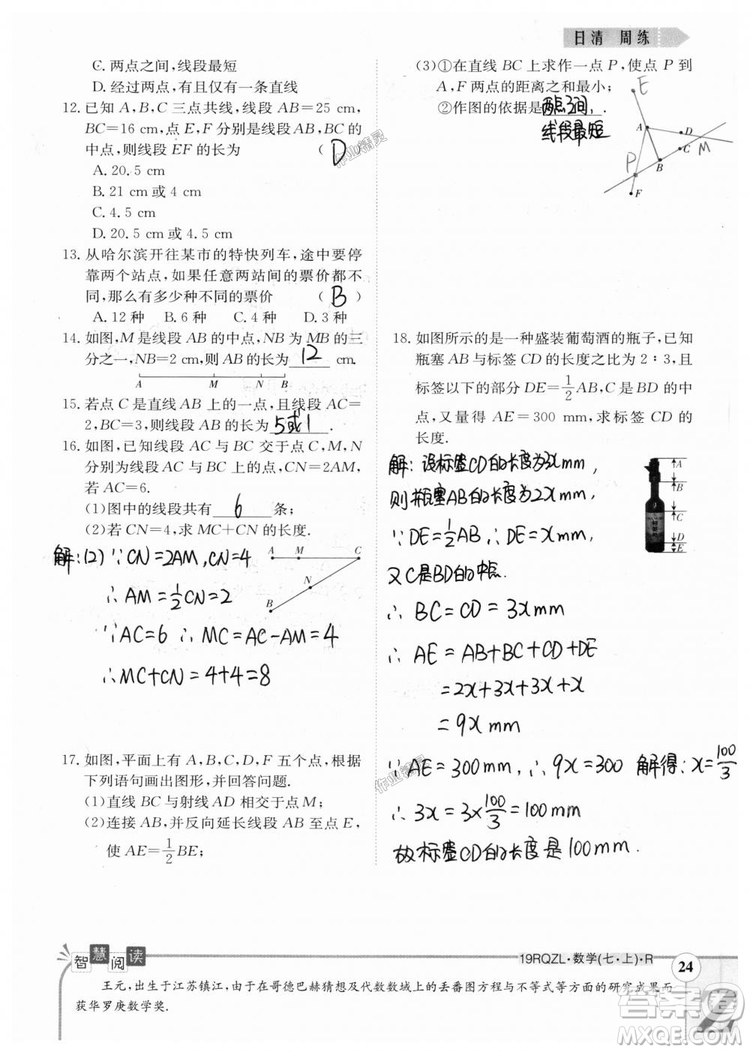 2019新版日清周練七年級數(shù)學上冊人教版參考答案