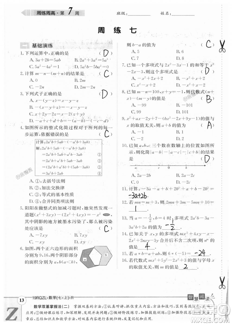 2019新版日清周練七年級數(shù)學上冊人教版參考答案